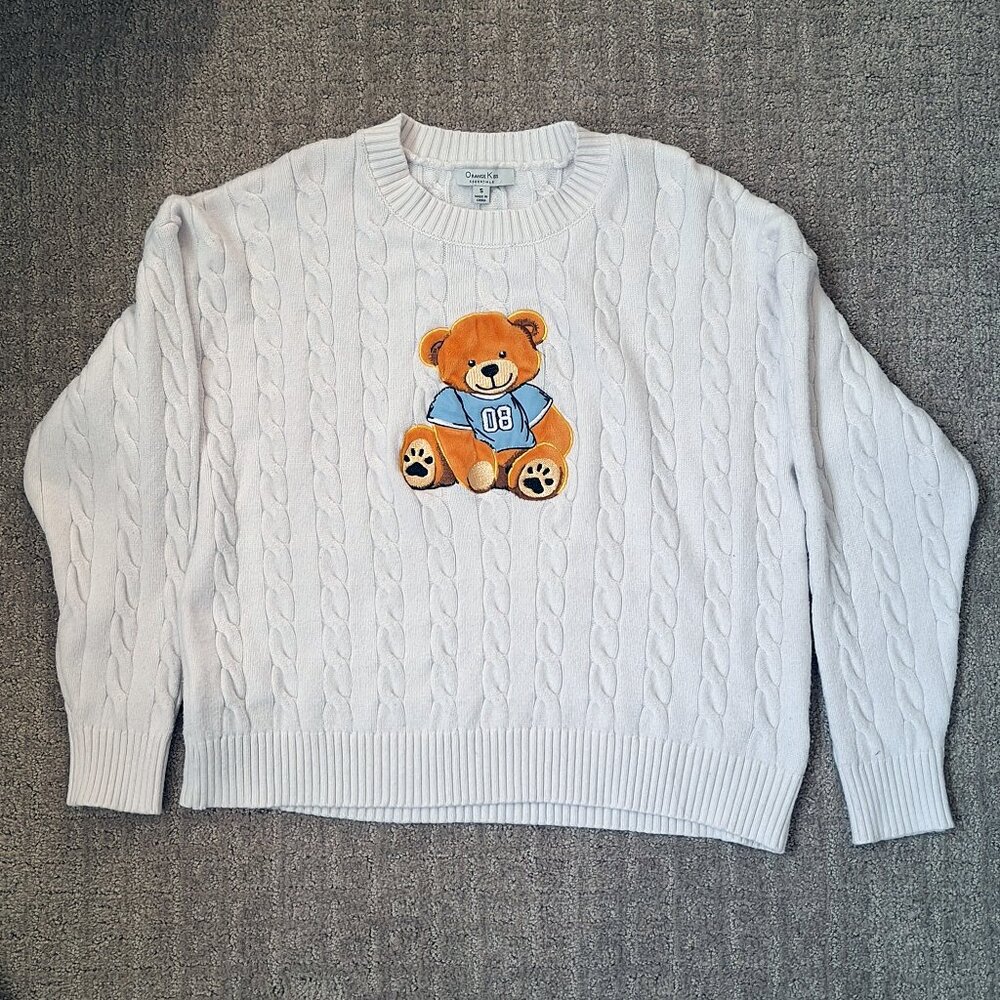 Orange Kiss Cream Collegiate Bear Embroidered Sweater Preppy Varsity Knit